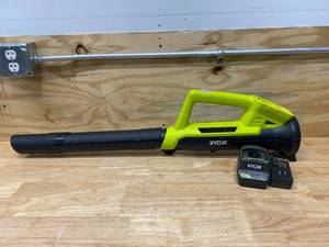 lot 106 image: RYOBI ONE 18V 90 MPH 200 CFM Cordless Battery Leaf BlowerSweeper with Charger
