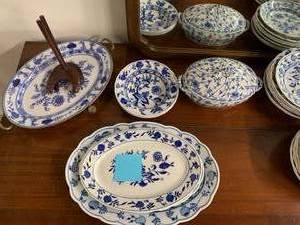 lot 21 image: Group of Blue Onion Porcelain and Ceramic Dishes