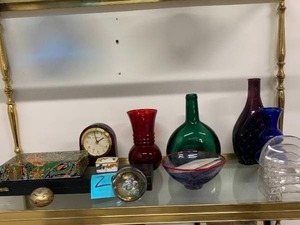 lot 26 image: Grp 12 Glass Items, Clock, Liquor Bottle