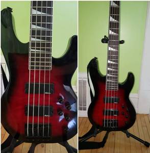 lot 10 image: Jackson JS3VQ - Transparent Red Burst - 5 Sting Concert Bass & Fender B-Dec 30 - Practice and Modeling Amp