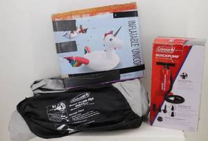 lot 16 image: Double Hig Queen Bed, Inflatable Unicorn & Coleman Quick Pump