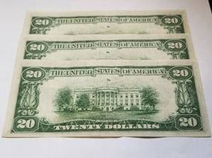 3 CONSECUTIVE SERIAL # 1934 US $20 NOTES IN HIGHER GRADE