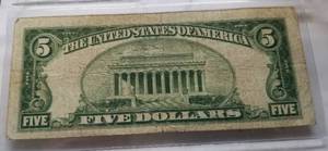 1928-C US RED SEAL $5 NOTE US CURRENCY