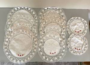 lot 61 image: Lot of Ivory and Red Crochet Doilies