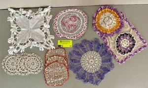 lot 65 image: Lot of 12 Assorted Multi-Colored and White Handmade Doilies