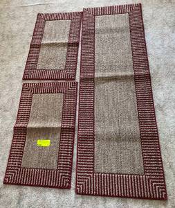 lot 77 image: Lot of 3 Red and Tan Kitchen Rugs with Rubber Backing