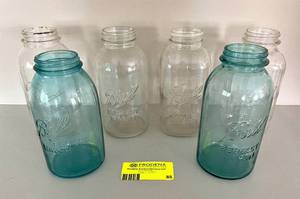 lot 85 image: Lot of 6 1-Gallon Ball Clear and Blue Mason Jars
