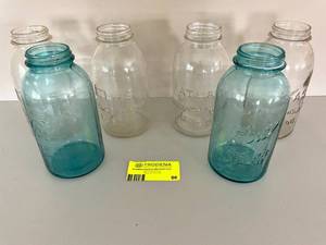 lot 86 image: Lot of 6 1-Gallon Ball & Atlas Clear and Blue Mason Jars.  