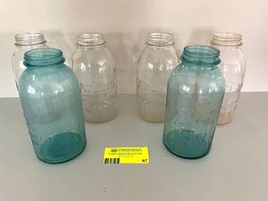 lot 87 image: Lot of 6 1-Gallon Ball & Atlas Clear and Blue Mason Jars.  