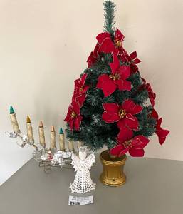 lot 114 image: Christmas Poinsettia Tree, Candelabra and Angel Lot