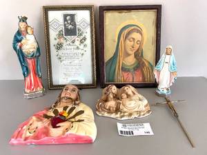 lot 140 image: Lot of Christian Catholic Statues, Cross and Artwork