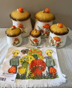 lot 203 image: 5 Piece Mushroom Themed Kitchen Canister Set w Matching Hand Towel