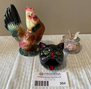 lot 204 image: Ceramic Chicken and Cat and Butterfly Music Box 