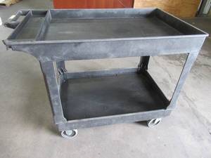 lot 302 image: Flat Shelf Utility Cart - 44 x 25 x 33, Black, H-3325BL - Part of the Handle is broken off.