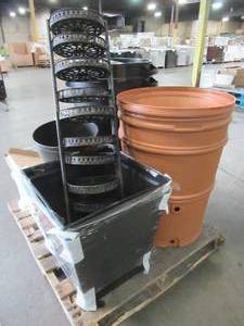 lot 308 image: WHOLESALE MIXED PALLET OF MISCELLANEOUS PLANTERS, RAIN BARREL AND GARBAGE CANS