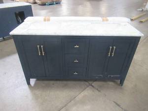 lot 3 image: Home Decorators Collection Sturgess 61 in. W x 22 in. D Bath Vanity in Navy Blue with Marble Vanity Top in Carrara White with White Basins 19111-VS61-NB