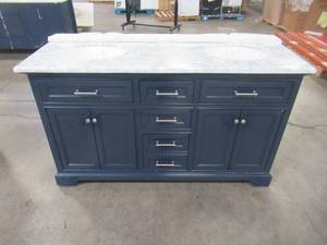 lot 5 image: Home Decorators Collection Windlowe 61 in. W x 22 in. D x 35 in. H Bath Vanity in Navy Blue with Carrara Marble Vanity Top in White with White Sink 15101-VS61C-NB