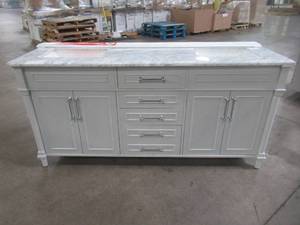 lot 7 image: Home Decorators Collection Aberdeen 72 in. W x 22 in. D Bath Vanity in Dove Grey with Carrara Marble Top with White Sinks Aberdeen 72G