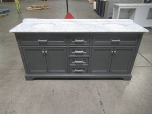 lot 8 image: Home Decorators Collection Windlowe 73 in. W x 22 in. D x 35 in. H Bath Vanity in Gray with Carrara Marble Vanity Top in White with White Sink 15101-VS73C-GR