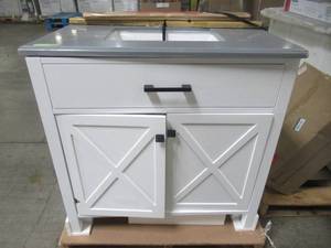 lot 14 image: Home Decorators Collection Ainsley 36 in. W x 22 in. D Vanity in White with Cultured Stone Vanity Top in Grey with White Basin Ainsley 36W-G