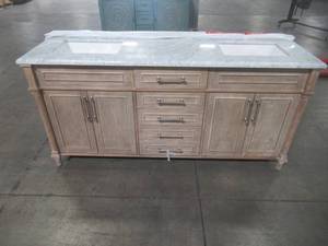 lot 21 image: Home Decorators Collection Aberdeen 72 in. x 22 in. D Bath Vanity in Antique Oak with Carrara Marble Vanity Top in White with White Basins Aberdeen 72AO