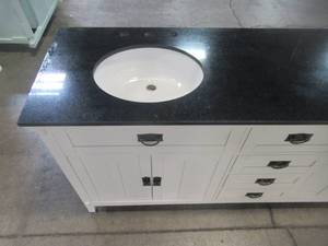 lot 39 image: Home Decorators Collection 72 in. W Vanity in White with Marble Vanity Top in Natural Black with White Sink MD-V1759