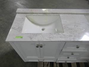 lot 46 image: Home Decorators Collection Claxby 61 in. W x 22 in. D Vanity in Cream with Stone Effects Vanity Top in Winter Mist with White Basin CB60P2WMRCOM-CR
