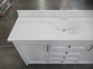 lot 49 image: Home Decorators Collection Sandon 60 in. W x 22 in. D Bath Vanity in White with Marble Vanity Top in Carrara White with White Basin Sandon 60W
