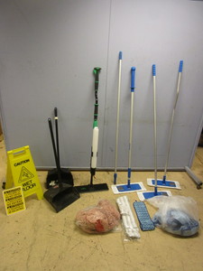 lot 415 image: ASSTD. FLOORWALL CLEANING TOOLS, UNGER, ECO-LAB MOPS, RUBBERMAID DUSTPANS, CAUTION SIGNS, MORE
