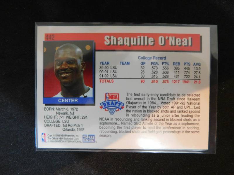 lot 16 image: 1992-93 Hoops Shaquille Oneal Rookie Card #442