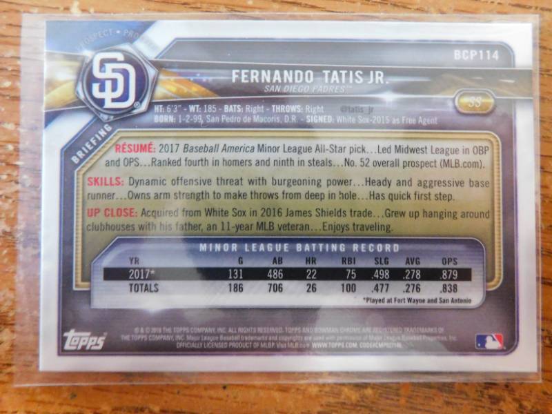 lot 165 image: 2018 Bowman Chrome Fernando Tatis Jr Card # BCP114 Hot Card