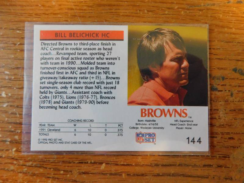 lot 39 image: 1991 Pro Set Bill Belichick Rookie Card #144RARE