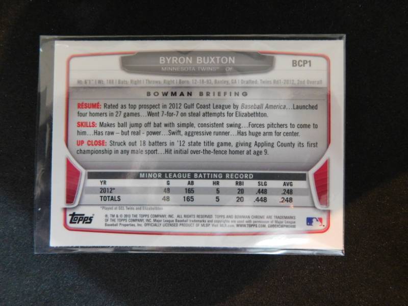 lot 4 image: 2013 Bowman Chrome Draft Byron Buxton Rookie Card #BCP1
