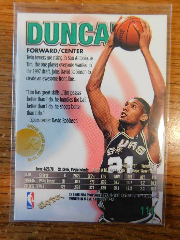 lot 81 image: 1997 Skybox Z-Force Tim Duncan Rookie Card #111