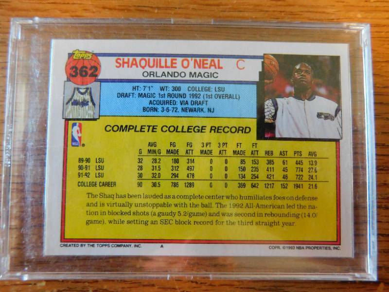lot 90 image: 1992 Topps Shaquille ONeal Rookie Card #362 - LK