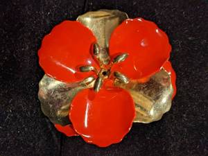 Vintage Red Enamel & Gold-Tone Flower Brooch