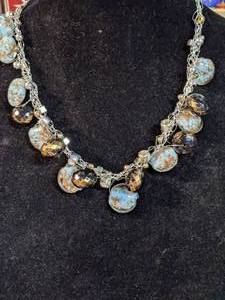 Venetian Blue wGold Foil Murano Glass Bead Necklace