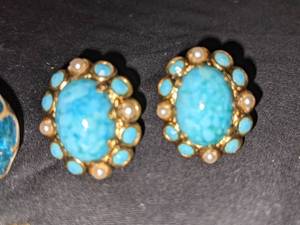 Topaz & Turquoise Earrings & Gold Filigree Brooch, West Germany