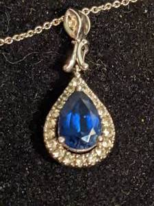 Timeless 10k White Gold Teardrop Sapphire Pendant on 14k White Gold Chain