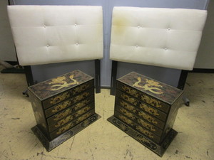 lot 230 image: ASIAN-STYLE DESIGN NIGHT STANDS, SKYLINE FURNITURE TWIN HEADBOARDS W ULTRA-SUEDE UPHOLSTERY