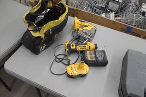 lot 46 image: Lot of (2) DeWalt Cordless Power Tools  with 18VDC Jig Saw DC330, 20VDC Cut-Out Tool DCS551, 18VDC Battery, 12V20VDC Charger, Soft Side Carry Bag