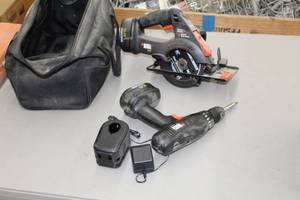lot 77 image: Lot of (2) Black & Decker 14.4V Cordless Power Tools  with Circular Saw PS144, 38 Drill PS3625, Batteries (x2), Charger, Soft Side Carry Bag