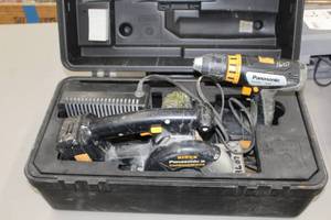 lot 86 image: Lot of (2) Panasonic 15.6V Cordless Power Tools  with Metal Cutter EYE3530, Drill EY6432, Batteries, Charger, Plastic Case