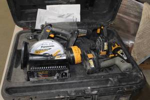 lot 108 image: Panasonic 18V Cordless Power Tool Set  with Hammerdrill EY6950, Flashlight EY3796, Metal Cutter EY3552, Reciprocating Saw EY3544, Batteries, Charger, Plastic Case