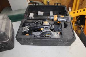 lot 106 image: Panasonic EYC136NQKW 15.6V Cordless Combo Kit  with Metal Cutter EYE3530, Drill EY6432, Batteries, Charger, Plastic Case