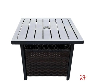 PYRAMID HOME DECOR Black Square Metal and Wicker Umbrella Stand Side Table - Outdoor Cafe or Bistro Table with Umbrella Hole