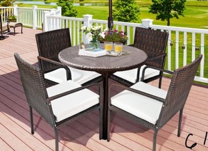 Cushioned Rattan Wicker Dining Chairs Patio Outdoor with Beige Cushion Armrest (Set of 4)