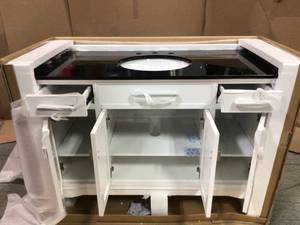 Manor Grove 49 in. W Bath Vanity in White with Granite Vanity Top in Black with White Sink by Home Decorators Collection Customer Returns See Pictures