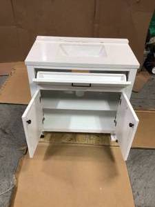 Marksfield 36 in. W x 22 in. D Bath Vanity in White with Cultured Marble Vanity Top in White with White Basin by Home Decorators Collection Customer Returns See Pictures