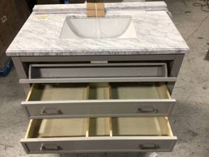 Everett 37 in. W x 22 in. D Vanity Cabinet in Grey with Carrara Marble Vanity Top in White with White Basin by Home Decorators Collection